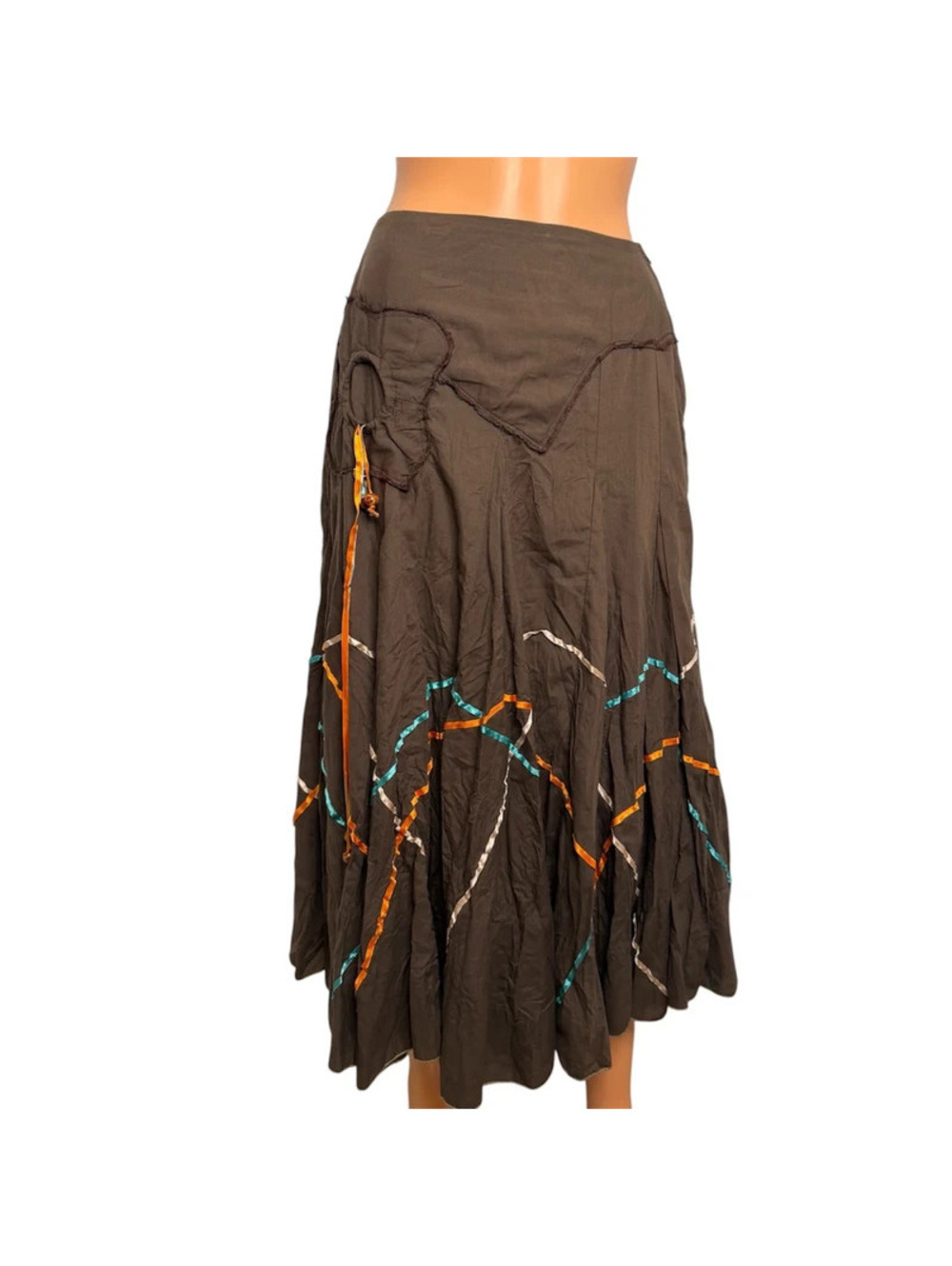 Vintage Léa Greb Y2K Boho Brown Satin Ribbon Flower Appliqué Beaded Tassel Skirt